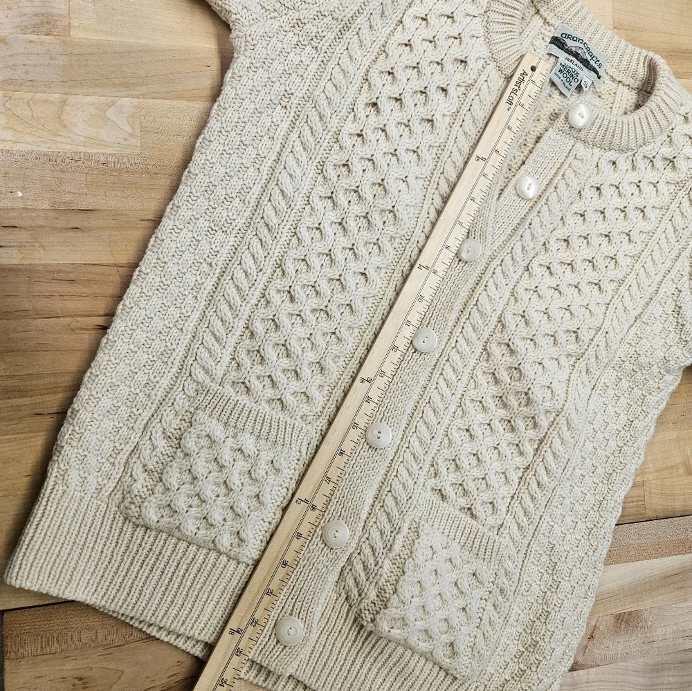 Vintage Aran Crafts Cable Knit Cream Cardigan Ireland Irish Fisherman Sweater  S
